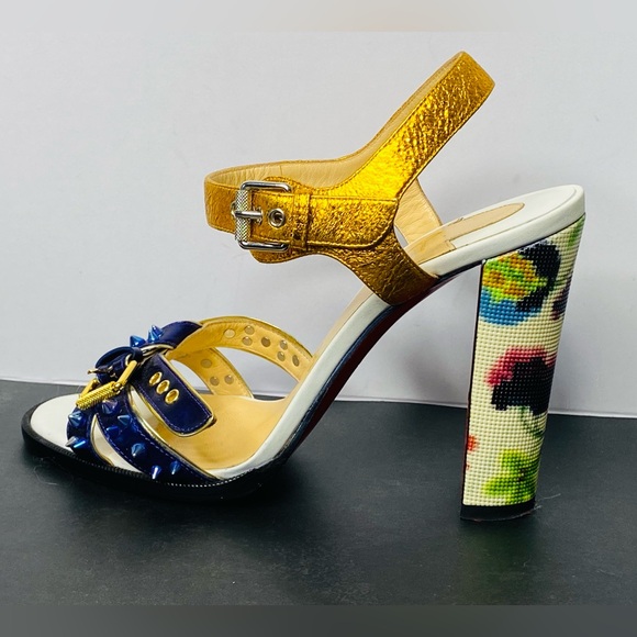 Metallic Gold & Blue Studded Women’s High Heel Sandals - Picture 2 of 16